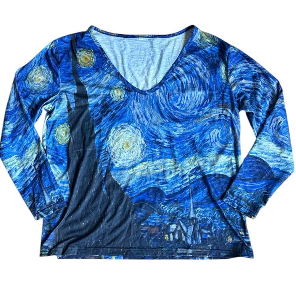Vincent Van Gogh Blue Starry Night V-Neck Long Sleeve Top!